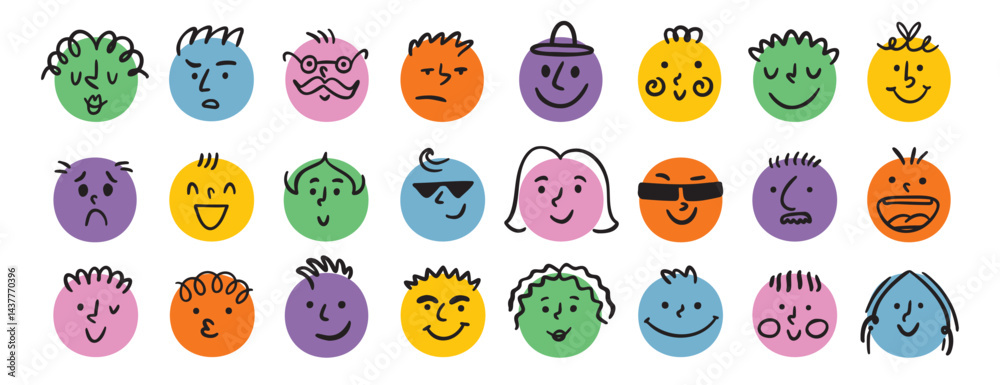 Obraz premium funny comic faces round abstract various emotions set. crayon drawing different colorful characters. cartoon flat design.