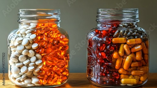Pills, capsules, jars, wood table, health supplements
