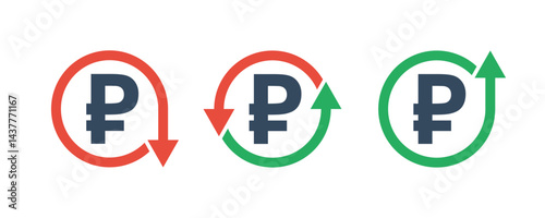 russian ruble currency symbol and round arrows up down, change costs marker, inflation growth or fall inflation indicator, tax up or down icon