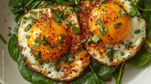 delicious sunny side up eggs with spices and fresh spinach salad