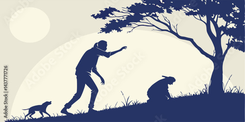 Man Walking Dog and Cat Under Tree Vector Silhouette Outdoor Nature Scene