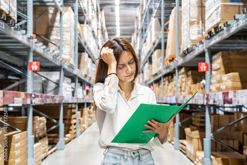 Large storage facility, Young woman diligently checking her clipboard as she organizes and oversees the supplies, but she forgot detail, feeling stressed, mistake while Exploring the warehouse