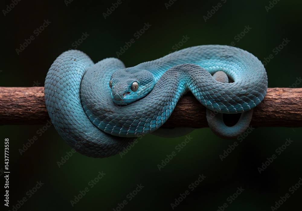 Fototapeta premium A vivid blue viper is coiled comfortably on a sturdy branch. The snake's scales glisten in the sunlight, surrounded by rich green foliage in a vibrant tropical habitat