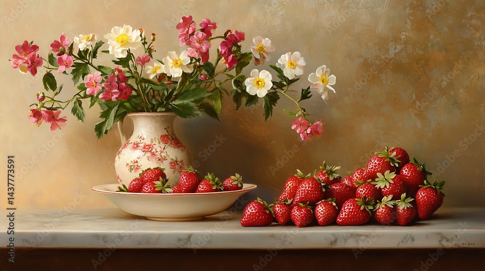 A Still Life Featuring Fresh Strawberries and Vibrant Flowers in a Decorative Arrangement A Still Life Featuring Fresh Strawberries and Vibrant Flowers in a Decorative Arrangement