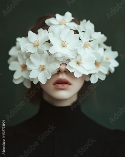 Woman obscured by white flowers, creating a dreamy and surreal portrait against a dark green background.