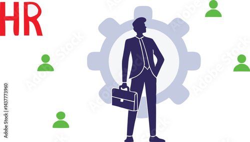 HR Businessman Vector Silhouette with Gear and Team Icons, Human Resources Management Concept