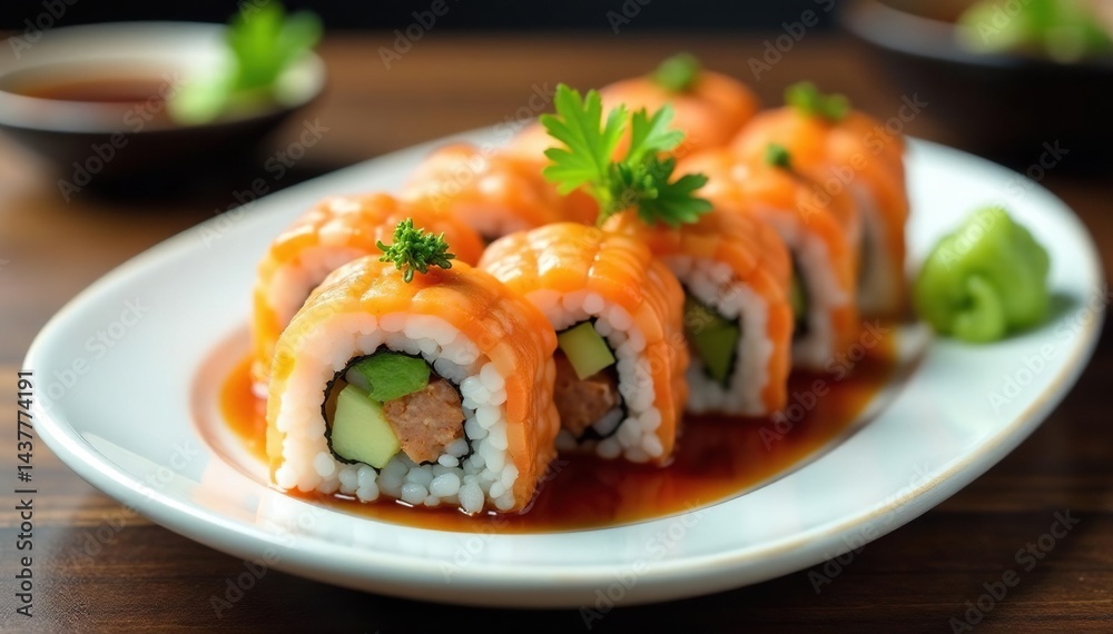 Various sushi rolls on white plate, soy sauce, wasabi , studio, fresh Various sushi rolls on white plate, soy sauce, wasabi , studio, fresh