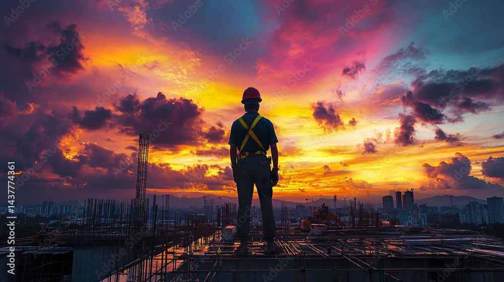 Fototapeta premium construction worker stands on site, gazing at vibrant sunset sky filled with colors