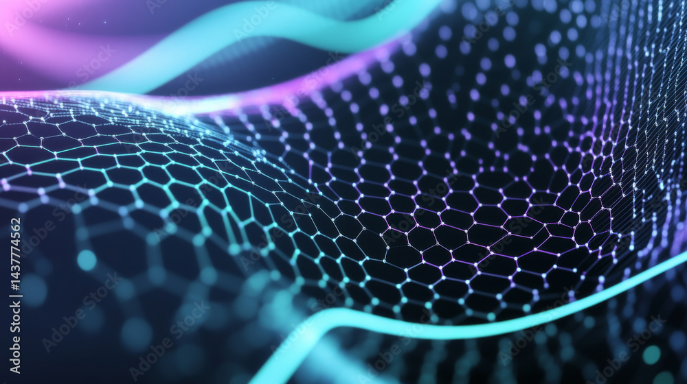 Abstract digital wave with flowing particles and dynamic lights, futuristic background