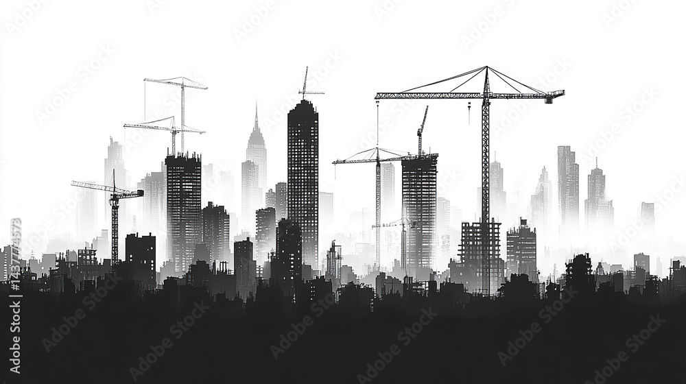 Obraz premium construction site skyline in black silhouette style, showcasing cranes and buildings