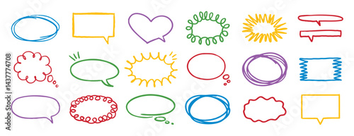 Colorful outline speech bubble set. pencil message form or clouds. Grunge style line frames.