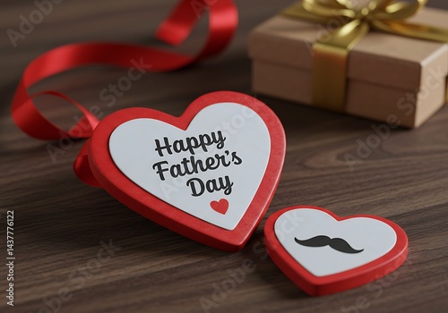 A bright red heart-shaped gift displays the message Happy Father's Day alongside a smaller heart featuring a mustache. A wrapped present with a gold ribbon completes the festive arrangement
