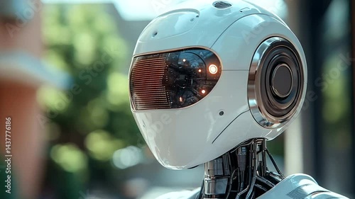 Robot head city street AI future technology