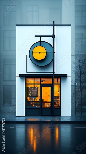 Modern storefront with geometric sign, vibrant interior glows