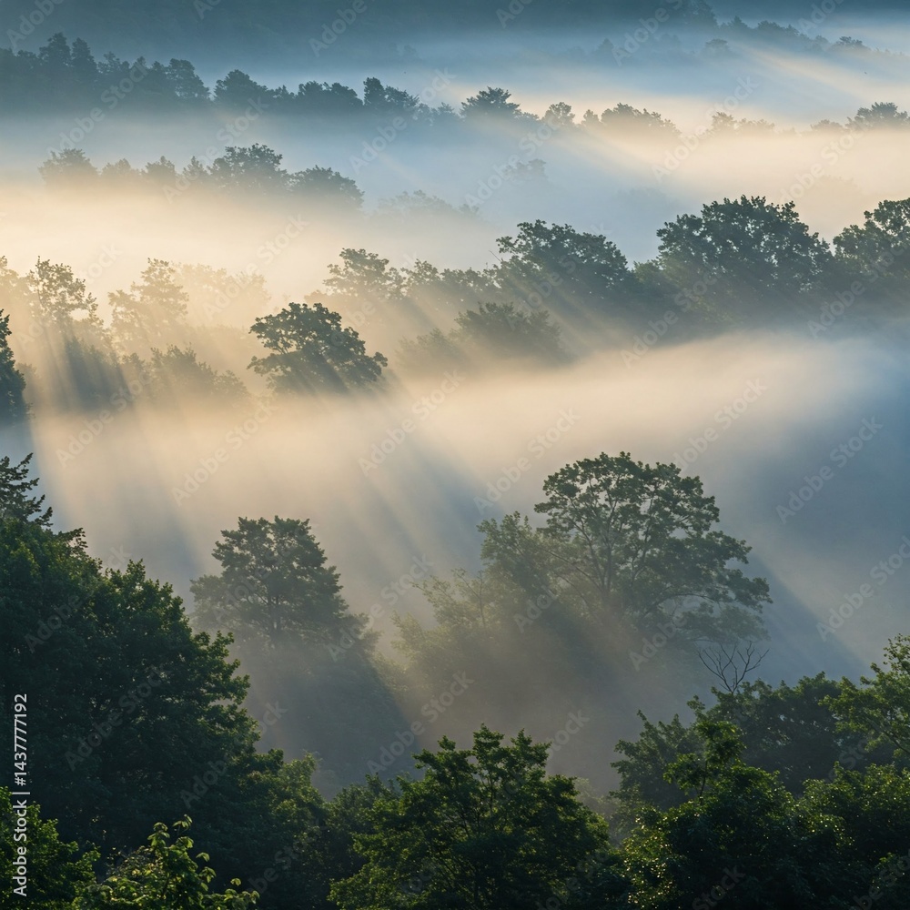 Fototapeta premium Foggy woodland scene, sunlight filtering through misty trees