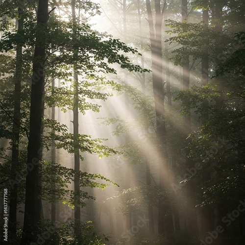 Foggy forest morning, sunlight through trees, misty atmosphere