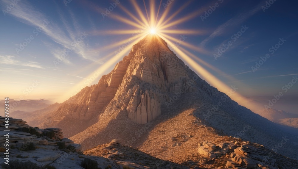 Fototapeta premium A majestic mountain peak bathed in golden sunlight, highlighting its rocky terrain and ascending