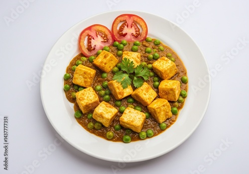 Mutter paneer, indian dish with peas isolated on white background