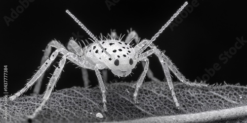 close-up of a spiny spider on leaf in black and white for macro and insect photography