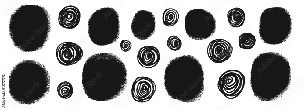 Fototapeta premium Scribble charcoal circle set. Polka dots aerosol spray shapes pack. Vector black hand drawn round figures collection illustration isolated on white background.