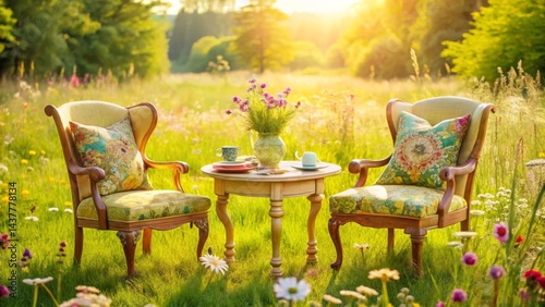 Serene outdoor setting with elegant chairs and a quaint table, bathed in warm sunlight, amidst a vibrant meadow of wildflowers.