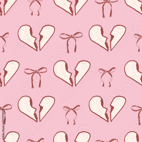 Coquette crayon seamless pattern. Girly marker endless background. Bow and broken heart with crown repeat cover. Crayon love continuous ornament. Vector hand drawn illustration.