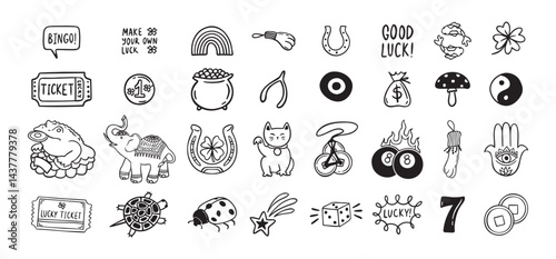 Good Luck doodle Symbols Set. Hand drawn lucky icons. Asian talismans and charms outline set.