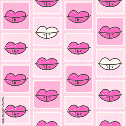Lips on postage stamp seamless pattern. Mouth with piercing marker endless background. Pink crayon repeat cover. Marker continuous ornament. Surface pattern girly motif. Vector handdrawn illustration.