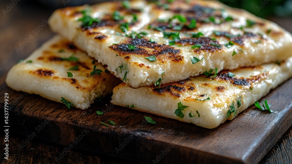 Stack of golden-brown flatbreads, garnished with fresh herbs. Crispy, savory, and slightly charred Stack of golden-brown flatbreads, garnished with fresh herbs. Crispy, savory, and slightly charred