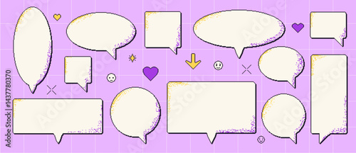 Pixel art speech bubbles set. 8 bit text boxes with hearts, arrow and sparkles. Rectangle and round chat y2k frames with noise dithering. Dialog retro. Digital message borders. Vector illustration.