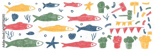 Fishes crayon doodle set. Santos Populares festival. Sardines, hammer, confetti hand drawn scribble. Fish with garlands, manjerico, party elements . Vector naive colorful illustration.