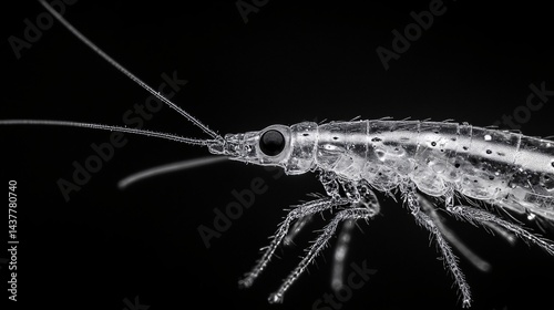 macro close-up black and white image of a tiny insect or mite with detailed body, legs, and antennae on a dark background