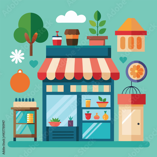 Small shop with awning and plants