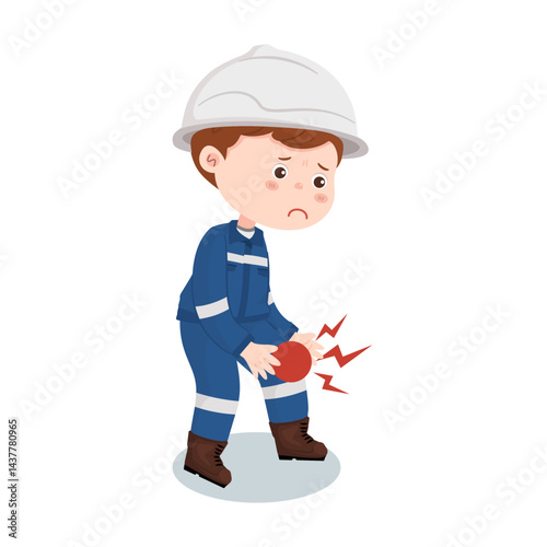 Cartoon industrial engineer having accident and knee injury while working isolated on white background.