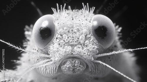 close-up of a tiny insect's face showing compound eyes, antennae, and textured exoskeleton for scientific research and macro photography