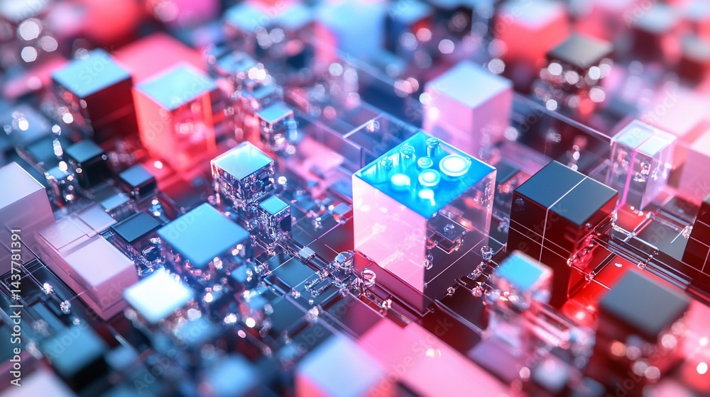 Interconnected blocks glow with pink and blue highlights on a circuit board Interconnected blocks glow with pink and blue highlights on a circuit board