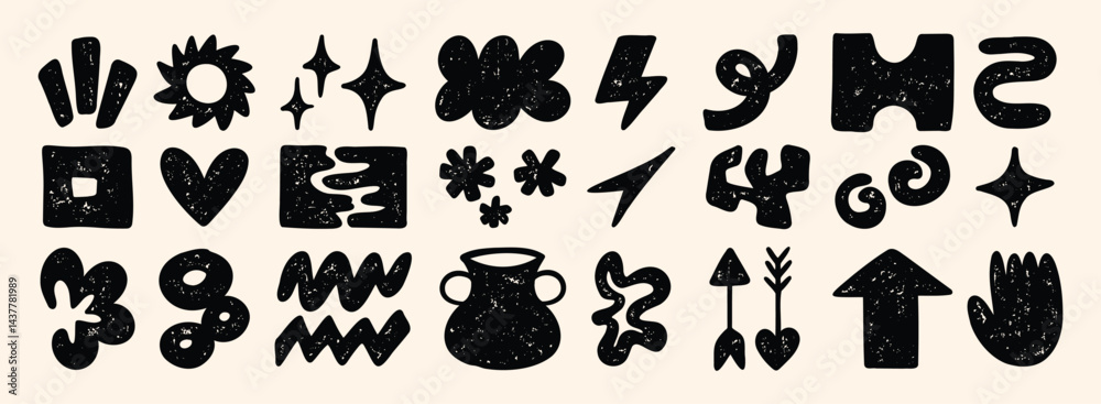 Cute abstract doodle shapes. Set of various modern kids hand drawn stars, hearts, clouds, flowers stickers. Retro comic figure