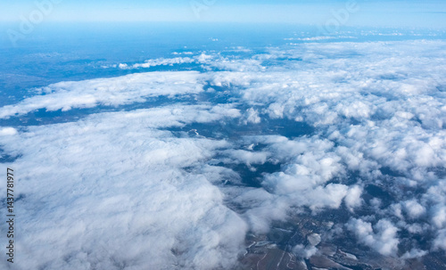 Obraz na płótnie Blue sky with white clouds, flying above cloudy sky texture pattern, cloudscape blurred light w salonie