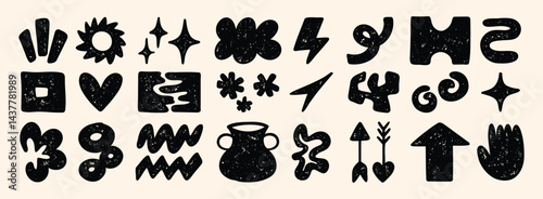 Cute abstract doodle shapes. Set of various modern kids hand drawn stars, hearts, clouds, flowers stickers. Retro comic figure