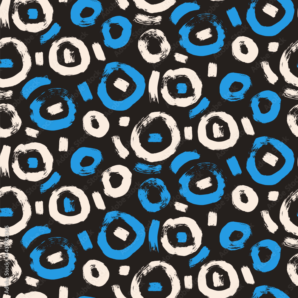 Circle brush stroke seamless pattern. Polka dots endless background. Paint tribal decor repeat cover. Abstract continuous ornament. Surface pattern design round motif. Vector hand drawn illustration.