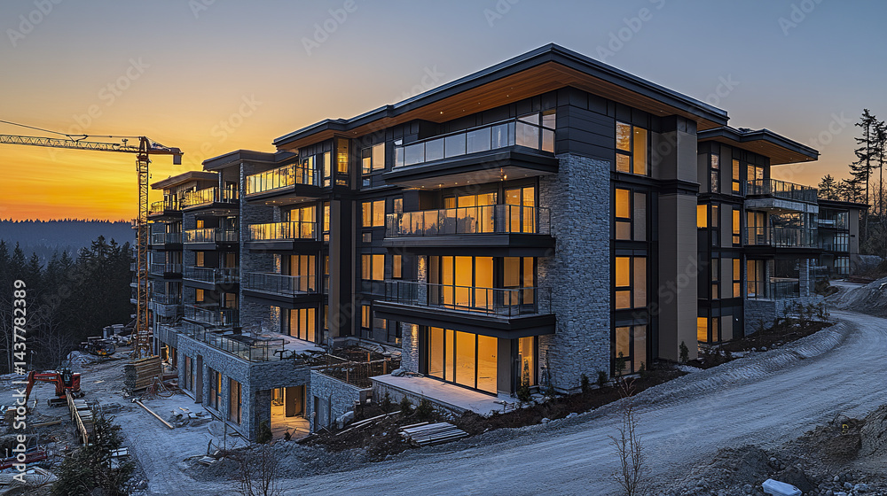 Obraz premium Modern apartment complex under construction with beautiful sunset backdrop