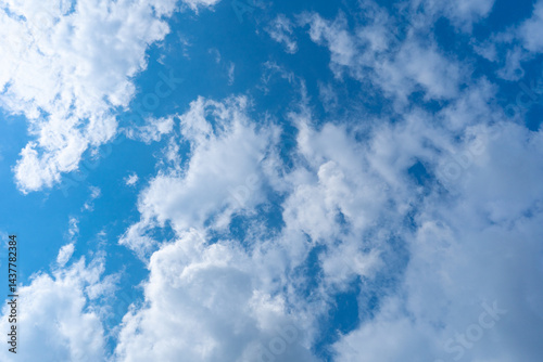Blue Sky with White Clouds, Sunny Cloudy Sky Texture Background, Fluffy Clouds Pattern, Sunny Cumulus