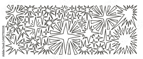 Twinkles y2k charcoal set. Spark stars sketch. Space shine shapes and blings doodle pack. Comets and blinking. Vector hand drawn black pencil drawn illustration isolated on white background.