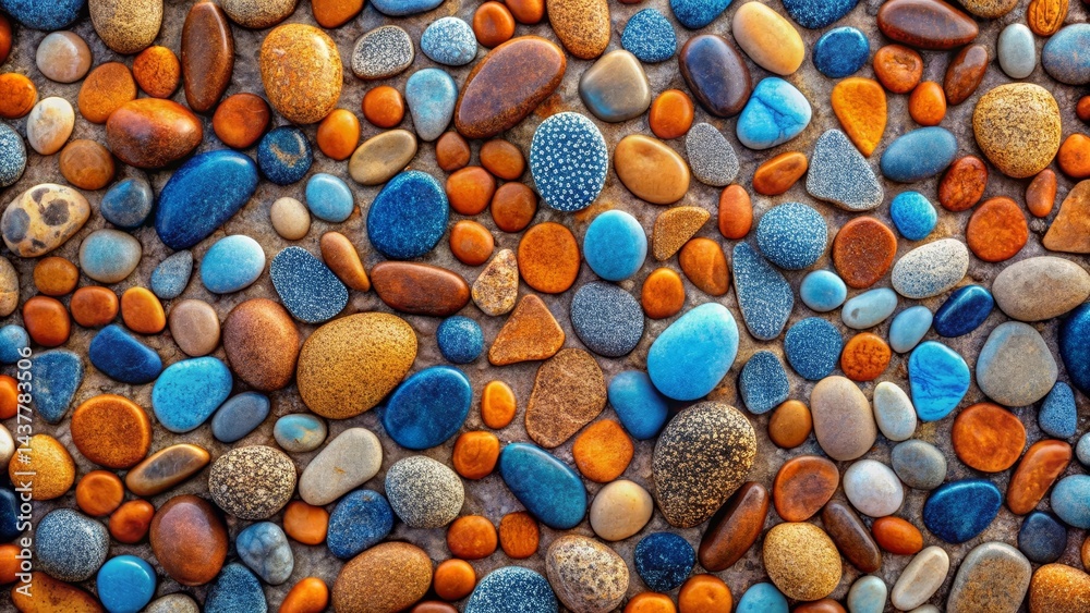 A Colorful Arrangement of Smooth, Polished Stones in Varied Hues of Blue and Orange A Colorful Arrangement of Smooth, Polished Stones in Varied Hues of Blue and Orange