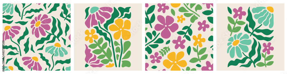 Doodle floral seamless pattern colorful set. Creative trendy flower collage or posters and floral pattern collection. Vintage cartoon hand drawn nature simple spring elements