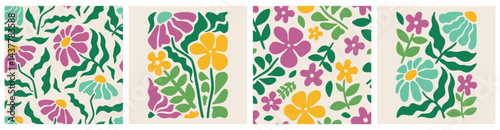 Doodle floral seamless pattern colorful set. Creative trendy flower collage or posters and floral pattern collection. Vintage cartoon hand drawn nature simple spring elements