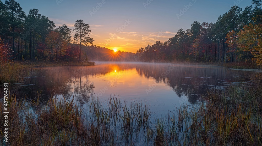 Obraz premium Serene Autumn Sunrise over a Misty Pond