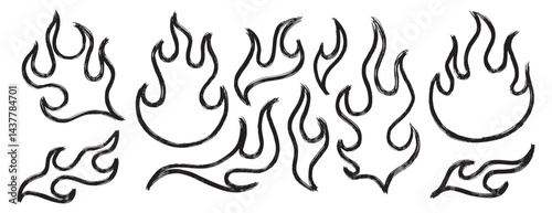 fire icon symbol grunge bush stroke doodle hand drawn set. Flame or fire drawing vector