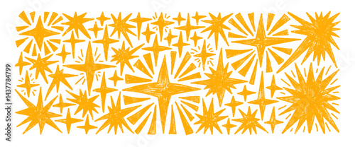 Crayon golden sparkle stars set. Space shine shapes and blings doodle pack. Comets and blinking on night sky. Vector hand drawn twinkles by pencil or pastel illustration isolated on white background..