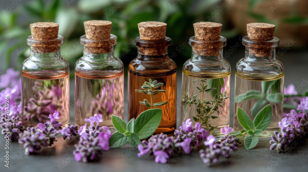 Bottles of essential oils with fresh herbs and purple flowers on a natural background.. Bottles of essential oils with fresh herbs and purple flowers on a natural background..